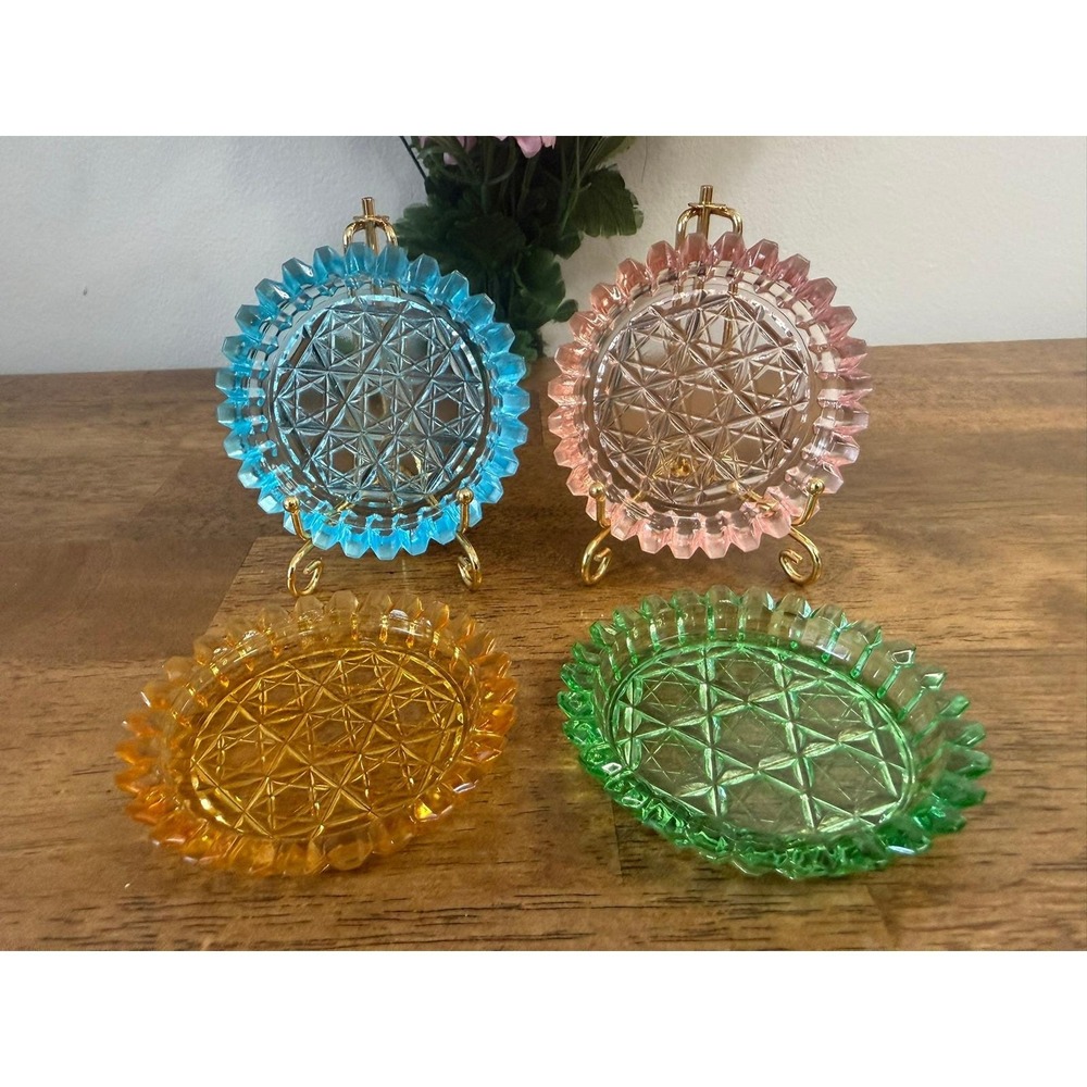 Vintage Starburst Pressed Glass Ashtray Set‎ Multicolor MCM Barware Retro Decor